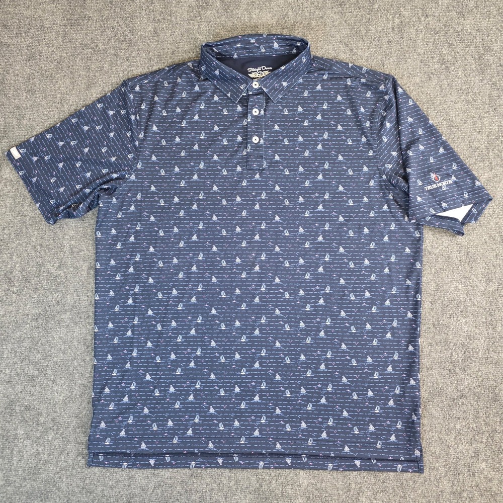 Straight Down Polo Shirt Mens XXL Blue Sailboat Golf Performance Short‎ Sleeve